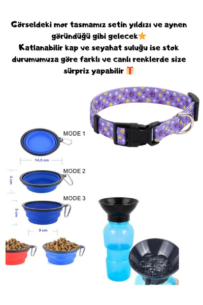 🐾 3'lü Pratik Gezinti Seti Desenli Tasma (M) + Katlanabilir Kap + Seyahat Suluğu