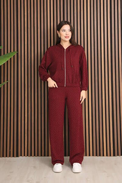 İgnites Burgundy Stone Detailed Zippered Double Modal Set with Elastic Waistband