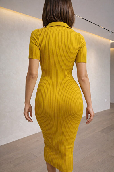 JUSTA Shirt Collar Ribbed Knitwear Dress Mustard