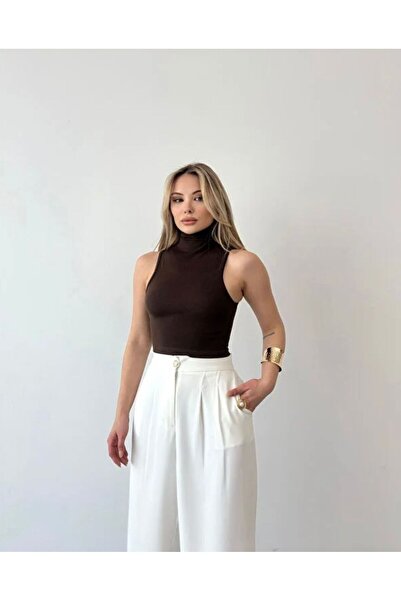 Vinales Women's Stand Collar Sleeveless Crop Blouse - Bitter Brown