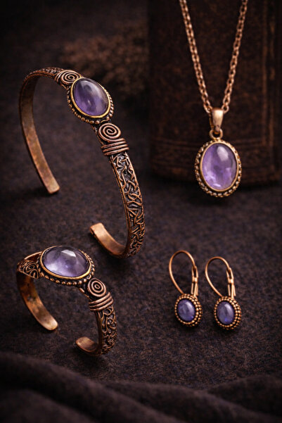 İyyaKee Kadın Bakır Bileklik Kolye Yüzük Küpe Takım Seti Doğal Ametist Taşlı ...