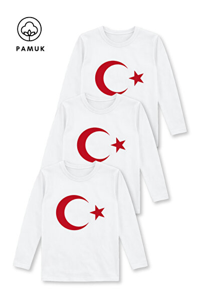 difa kids Erkek Ve Kız Çocuk 3'Lü Set Ay Yıldız Türk Bayrağı Baskılı Uzun Kol...