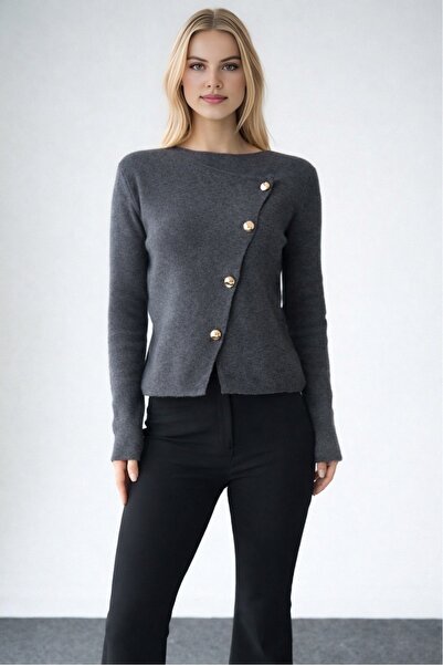 LOOSH Kadın Antrasit Asimetrik Gold Düğmeli Hrıka