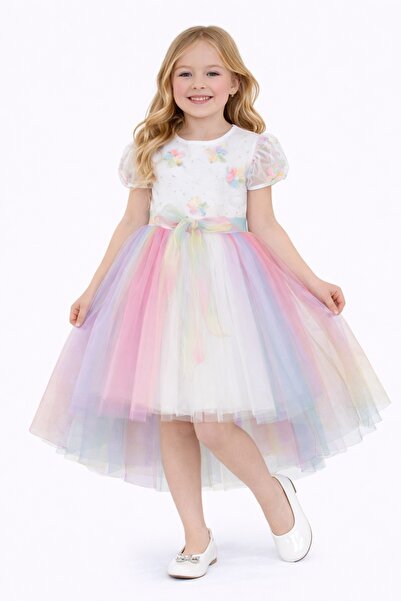 Nacar 23 Nisan 29 Ekim Gösteri Kıyafeti Kız Çocuk Renkli Tüllü Prenses Elbise