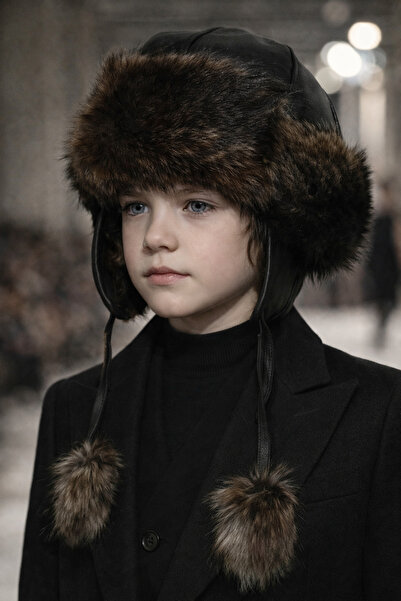 hoaryage Căciulă de pilot pentru copii, 100% piele de oaie, tip ușanka, din p...