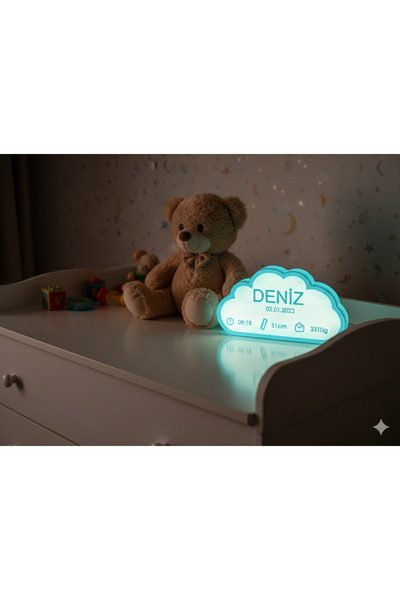 3Dikili design Kişiye Özel Işıklı Bebek Doğum Panosu - Bulut Tasarımlı LED Ge...