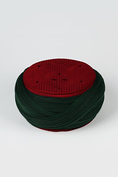 Sarıkhane Namaz Sarığı - Green Fabric - Burgundy Skullcap - Crossed Wrap - Nâ...