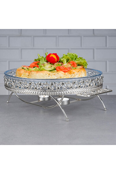 ozbience Pırlanta Taşlı Alttan Mumlu Isıtmalı Yuvarlak Borcamlı Sunum Tepsisi
