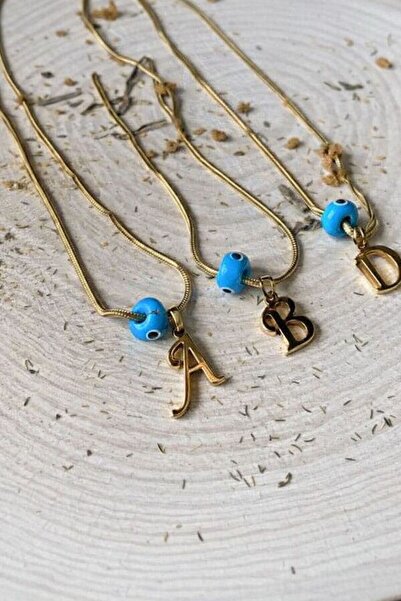 GÜLNAR BİJUTERİ Snake Chain with Evil Eye Beads -M- Letter Pendant- Gold 316L...