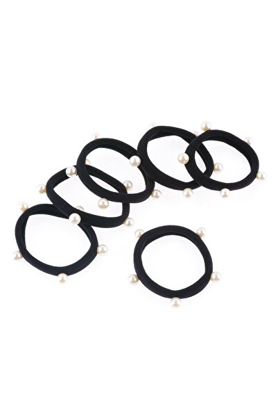 OEM Black Terry Hair Elastics with White Beads for Women - 6pcs