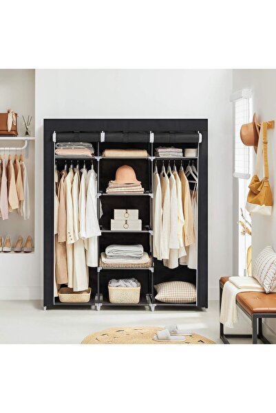 DZGN HOME Bez Dolap XXL İki Askılıklı Ortadan Raflı Dolap Hugo Siyah Gardırop
