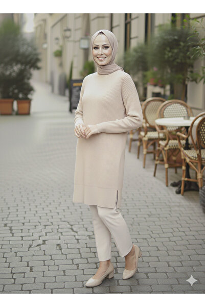 VıoShıne Kadın Fitilli Reglan Kol Tesettür Triko Tunik Kazak