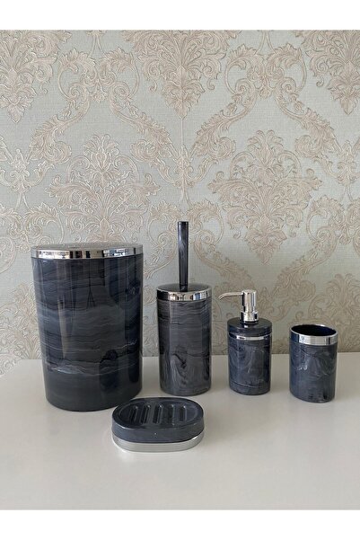 Saule 5 Parça Mermer Desen Gümüş Banyo Seti / Wc Fırçalık, Sıvı - Katı Sabunl...