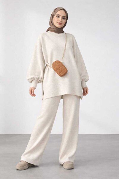 LUVON Cream Balloon Sleeve Wide Leg Bottom Top Women's Knitwear Hijab Set