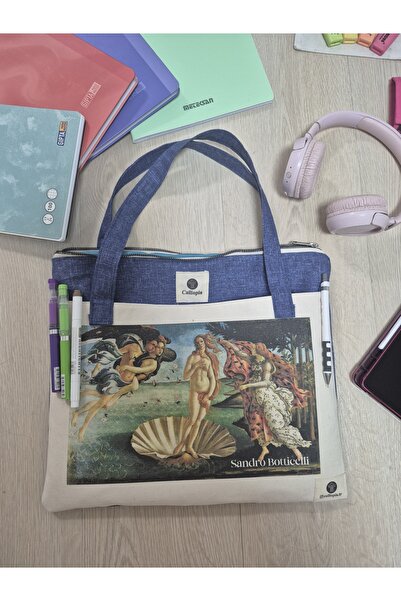 Calliopia Venüs'ün Doğuşu Laptop Tote Kitap El Çantası Mavi Kot Kumaş 3 Gözlü...