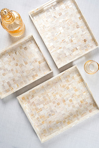 ozbience Renkli Sedefli Mozaik Dama Desenli Üçlü Dekoratif Tepsi Seti