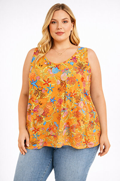 Store Büyük Beden Desenli Sıfır Kol Salaş Bluz – Turuncu