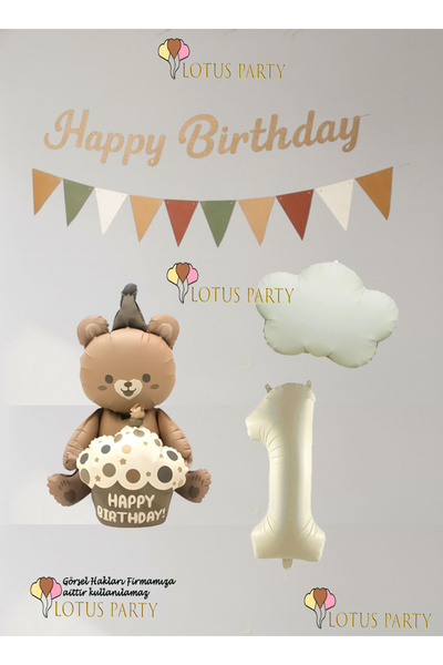 LOTUS PARTY Retro Happy Birthday Yazılı Ayılı Balon Set - Rertro Bulut - Retr...