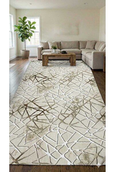 Nesrin JEL TABAN KAYMAZ MODERN KREM KAHVE ÖRÜMCEK AĞLI KESME HALI YOLLUK