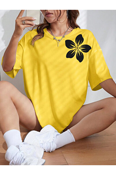 SUNFREE Flower Printed Oversize Crew Neck Combed Cotton Women's Tshirt