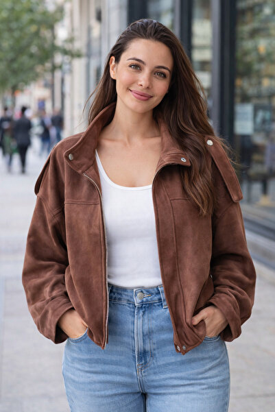 Ceila Collection Kahverengi kadife mevsimlik Oversize ceket
