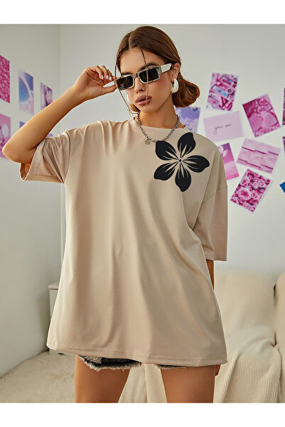 SUNFREE Flower Printed Oversize Crew Neck Combed Cotton Women's Tshirt