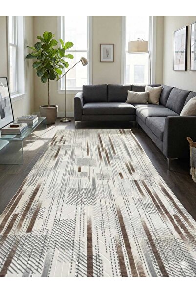 Nesrin JEL TABAN KAYMAZ MODERN BEYAZ GRİ KAHVERENGİ ÇİZGİLİ GÜZEL KESME HALI ...