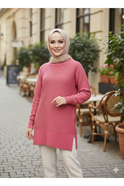 VıoShıne Kadın Fitilli Reglan Kol Tesettür Triko Tunik Kazak
