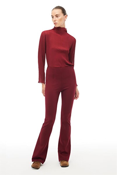 Perspective Bordo Yüksek Bel Slim Fit Geniş Paça Pantolon