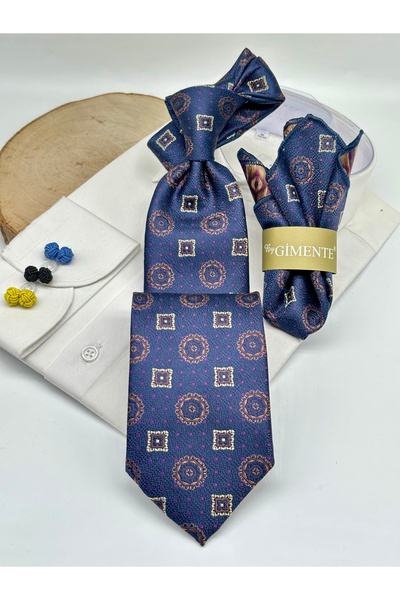 Gutiero Lacivert Desenli Mendilli Klasik Kravat