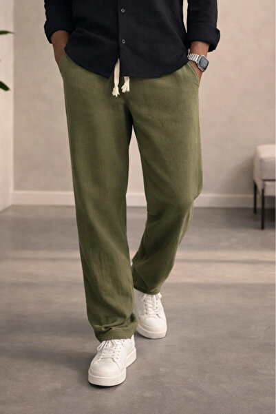 Edwox Men's Linen Look Cotton Trousers Green Cd159