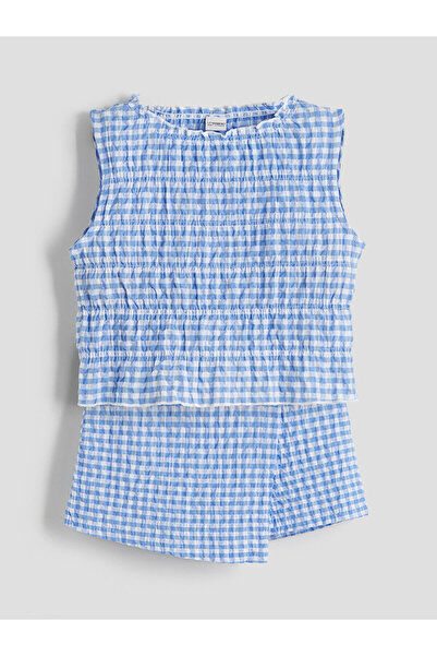 LC Waikiki Blue Crew Neck Plaid Girls Blouse and Shorts Skirt
