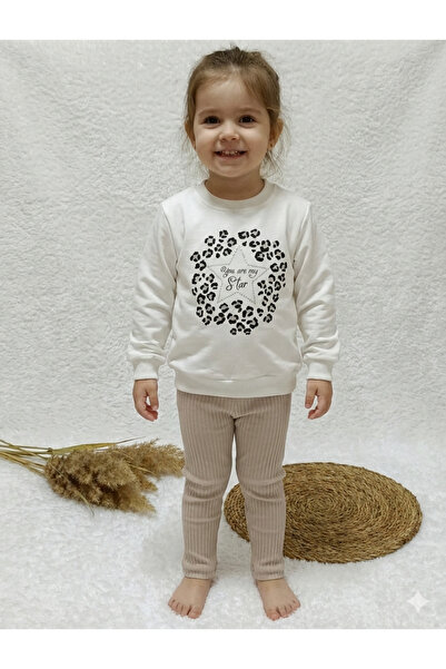DECO Leopar Desenli Taşlı Taytlı 2'li Alt-Üst Kız Çocuk Mevsimlik Takım 2-3 Y...