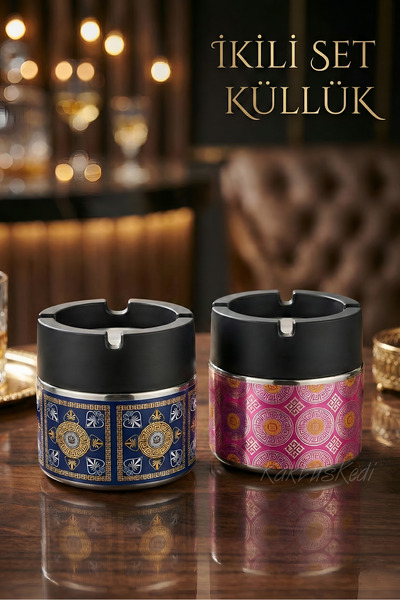 KaktüsKedi Set of 2 Luxury Glass Ashtrays - Decorative Ashtray with Metal Lid...