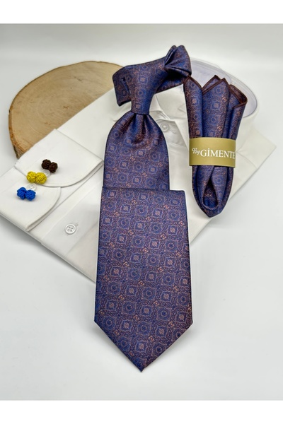 Gutiero Classic Navy Blue Brown Patterned Tie with Handkerchief