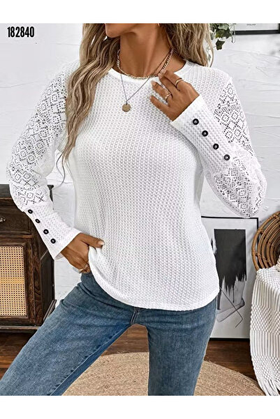 BZ Boutique Uzun Kollu Bisiklet Yakalı Dantelli Büyük Beden Waffle Bluz 182840