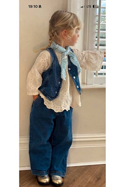 WOWMOMKIDS طقم سترة جينز زرقاء للفتيات - سترة بأزرار وسروال جينز مريح