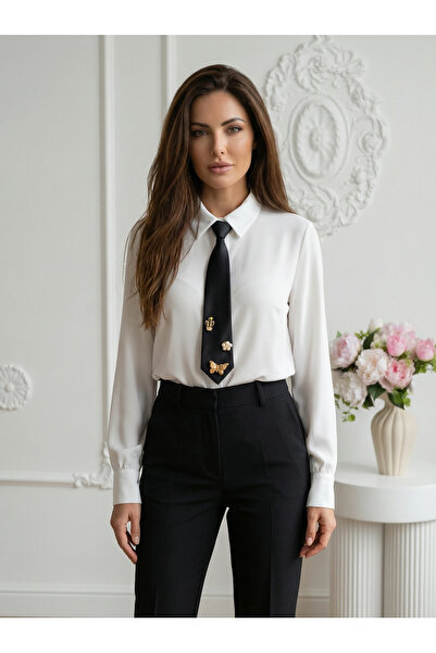 UniqueStore.ro Women's white office shirt with tie and gold brooches