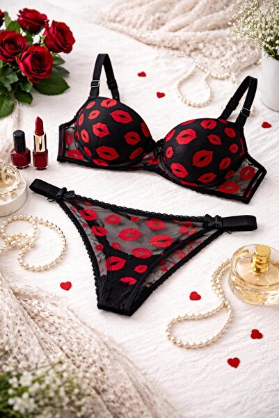 Merzu kadın dudak desen sütyen kilot takım balenli