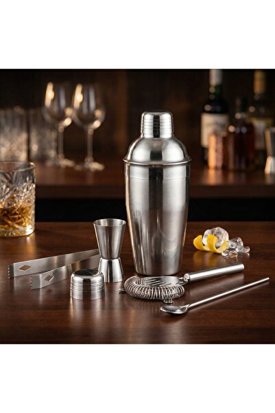 Generic 5 Parça Paslanmaz Çelik Kokteyl Hazırlama Seti 550 ml Shaker Bar Seti