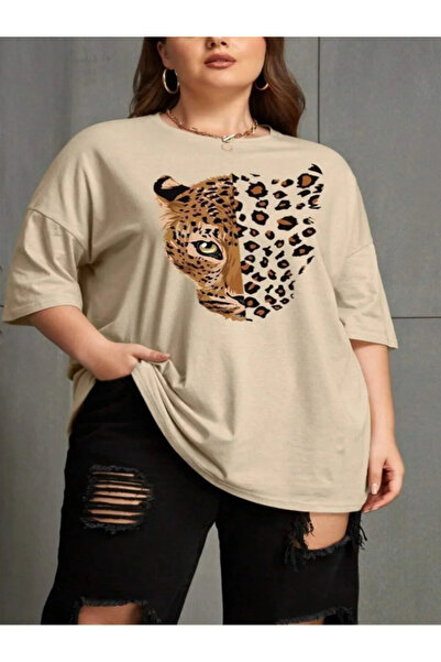 ASSEL KADIN Leopar Baskılı Bisiklet Yaka T-shirt