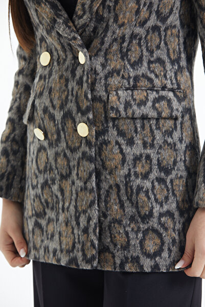 ceyniye Leopard Double-Breasted Tweed Jacket with Gold Buttons
