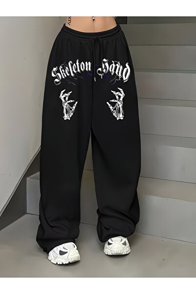 macklin Unisex Skeleton Hand Printed Baggy Cut Wide Leg Sweatpants