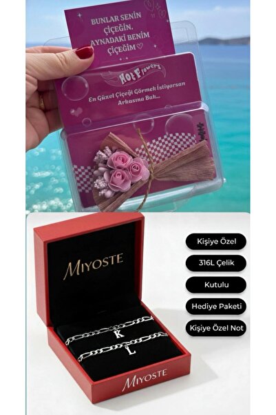 Miyoste 2’li Çelik Harfli Ayarlanabilir Bileklik Ve Aynalı Mini Buket Çiçek