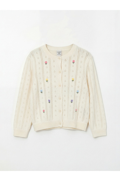 LC Waikiki Cardigan tricotat pentru fete Ecru guler rotund cu flori