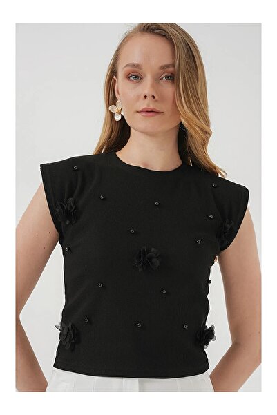 MODA BORSASI Bluză tricotată cu mânecă scurtă și detalii din perle