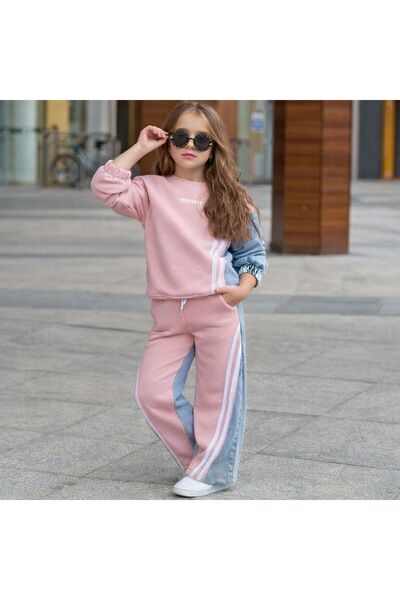 YİGİT BUTİK طقم جينز مخطط للفتيات من قطعتين (علوي وسفلي)