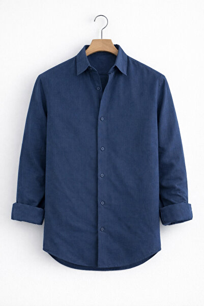 Edwox Men's Linen Look Cotton Shirt Navy Blue Cd158