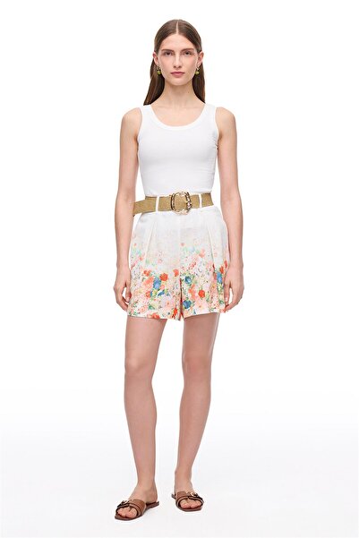 Perspective Çok Renkli Çiçek Desenli Yüksek Bel Keten Şort