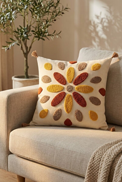 Valmia Home Buldan Handmade Tasseled Cushion Cover |   Embossed Tera & Sun Mo...
